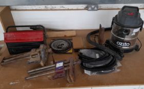 2 x Various woodworking vices, toolbox and contents, circular saw blades, etc