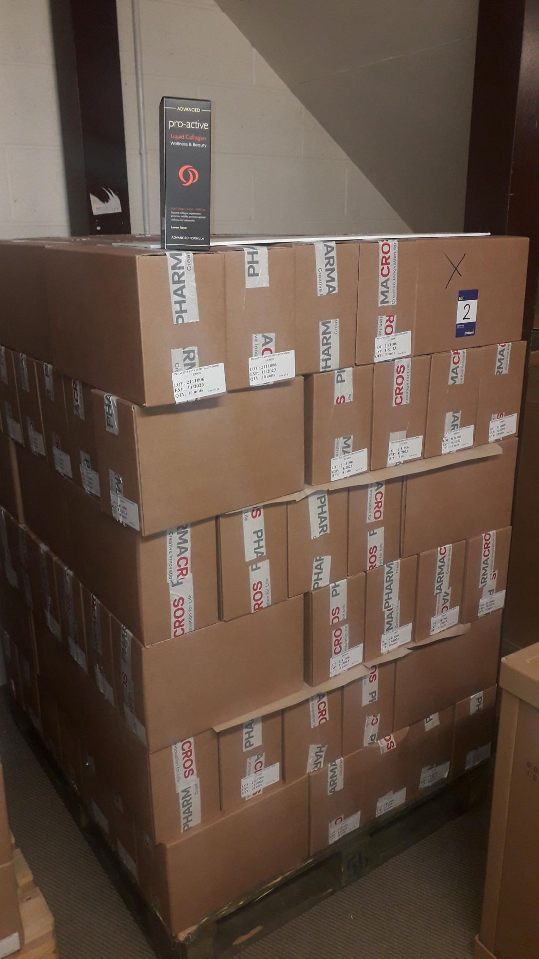 Pallet containing approx. 114 boxes of 10 x 600ml bottles of Proactive Advanced Liquid Collagen –