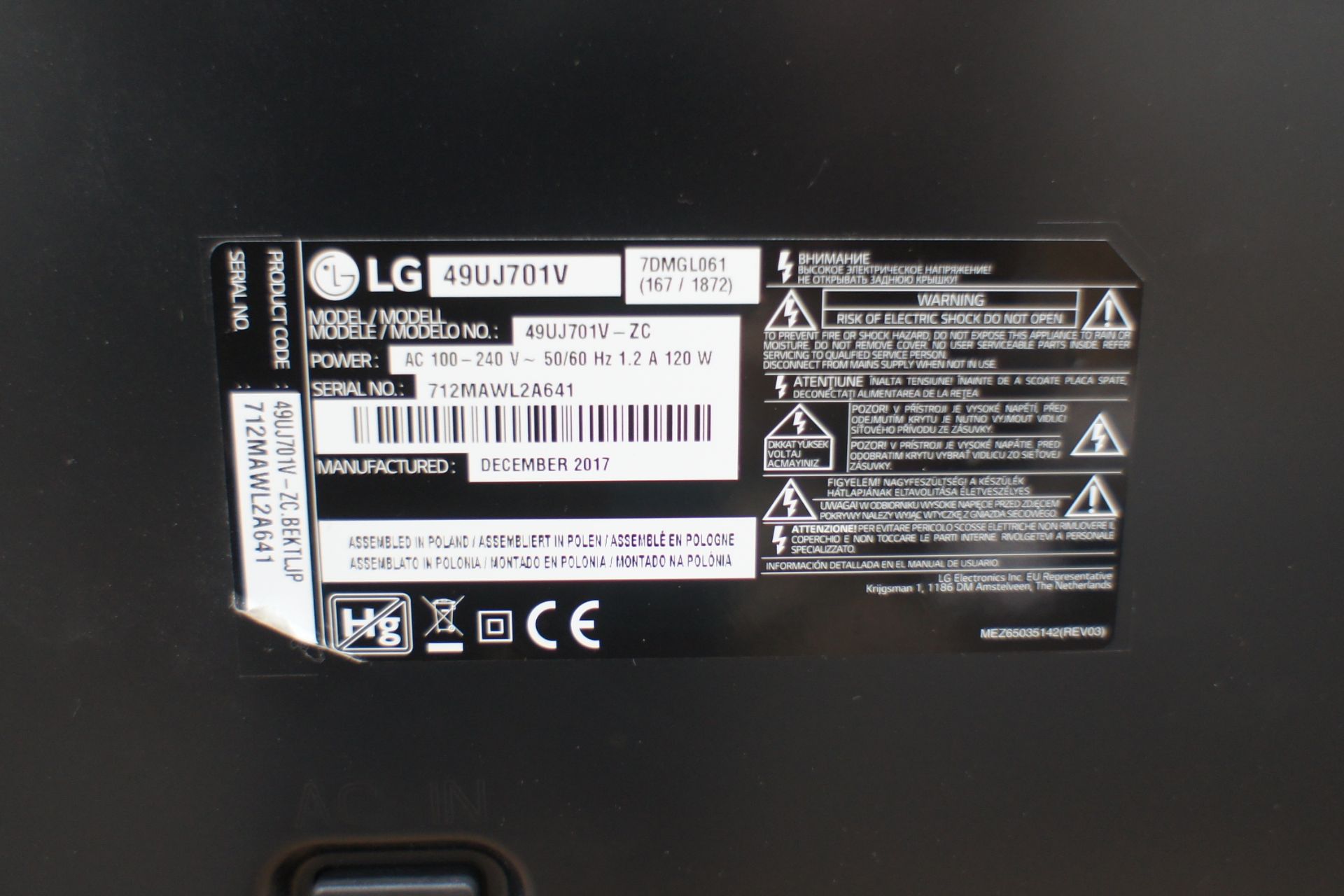 LG49UJ701V 49in LCD TV, Serial Number 712MAWL2A641 Year 2017 - Image 2 of 4