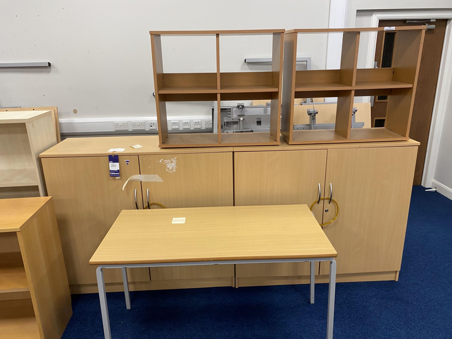 2 x Double Door Cabinets (1070 mm High), 6 x Bookcases and a table. Please note this lot is located