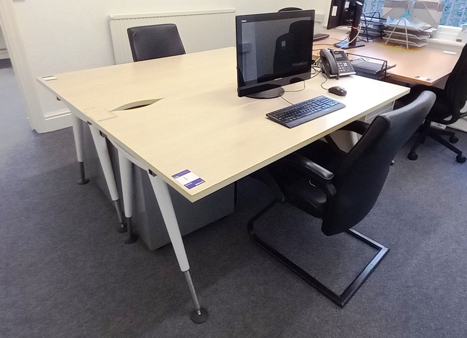 2x Contemporary office desks (1600x800), 2x cantilever leather chairs, 2x mobile pedestals and an