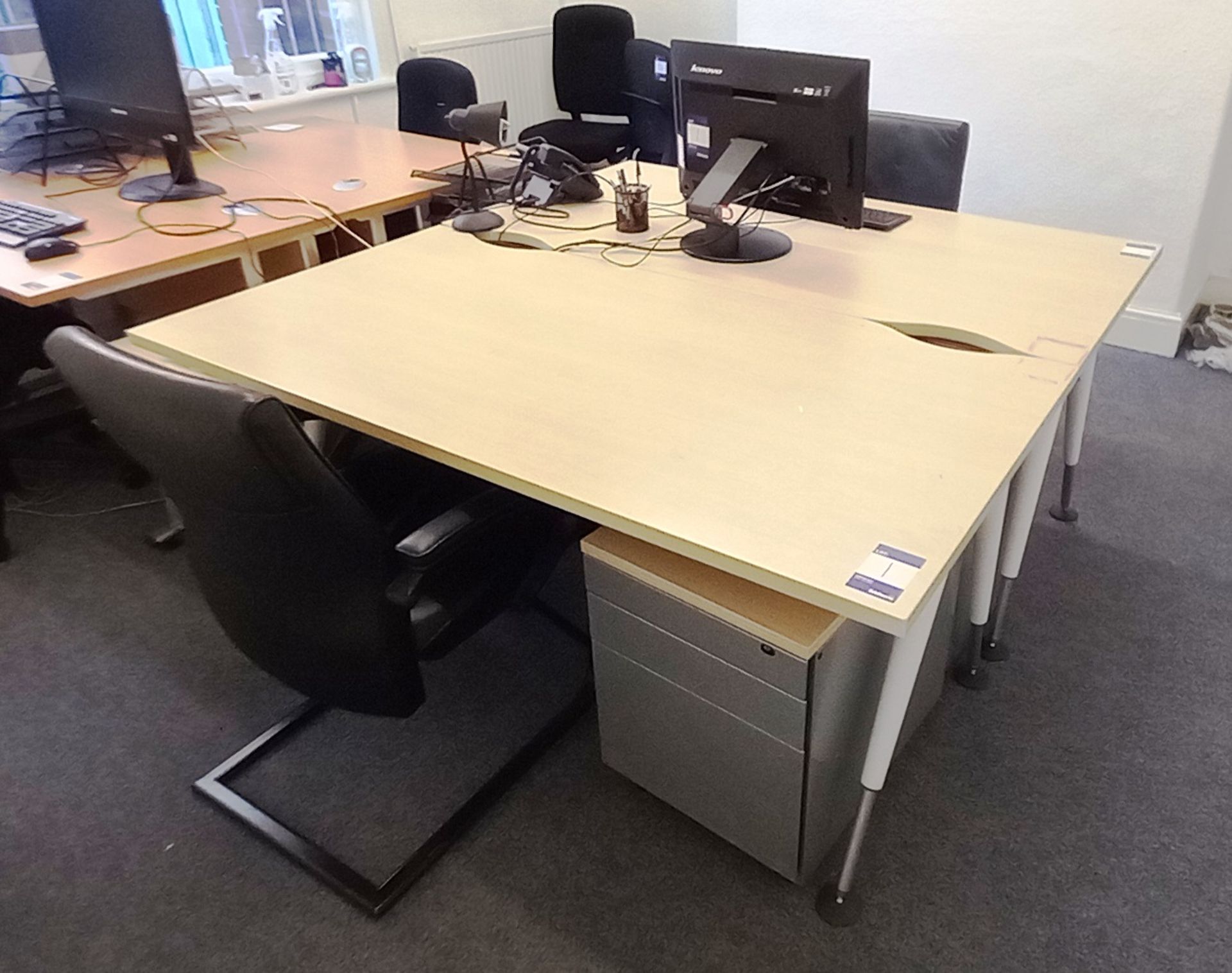 2x Contemporary office desks (1600x800), 2x cantilever leather chairs, 2x mobile pedestals and an - Image 2 of 3