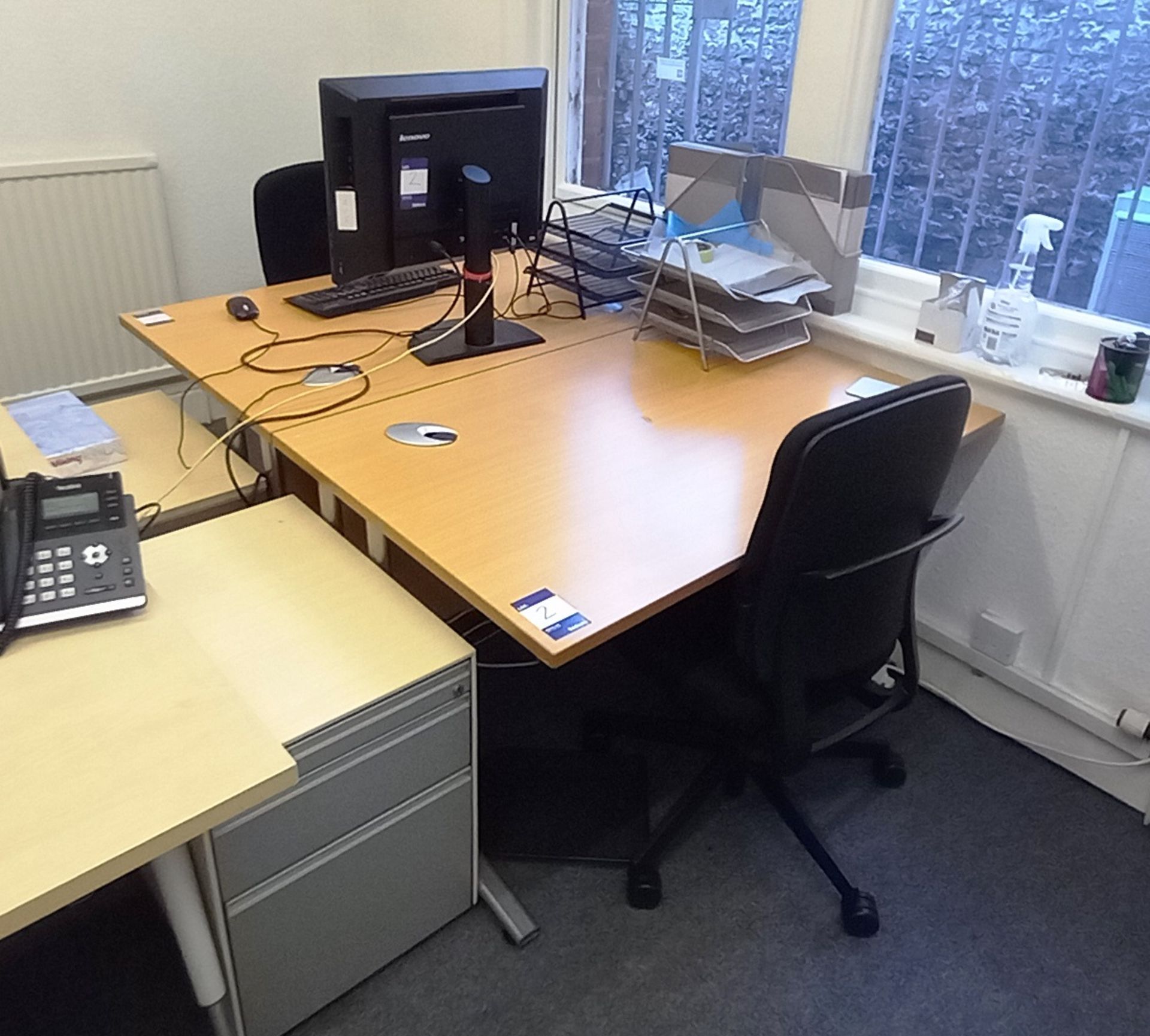 2x Cantilever desks (1200x800), 2x pedestals, 2x office chairs and an adjustable Lenovo monitor - Image 2 of 2