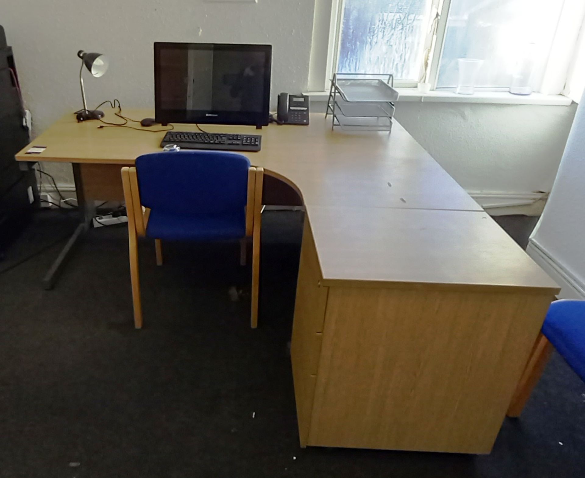 Cantilever curved desk (1800x1200), reception chair, pedestal and a Lenovo monitor and keyboard