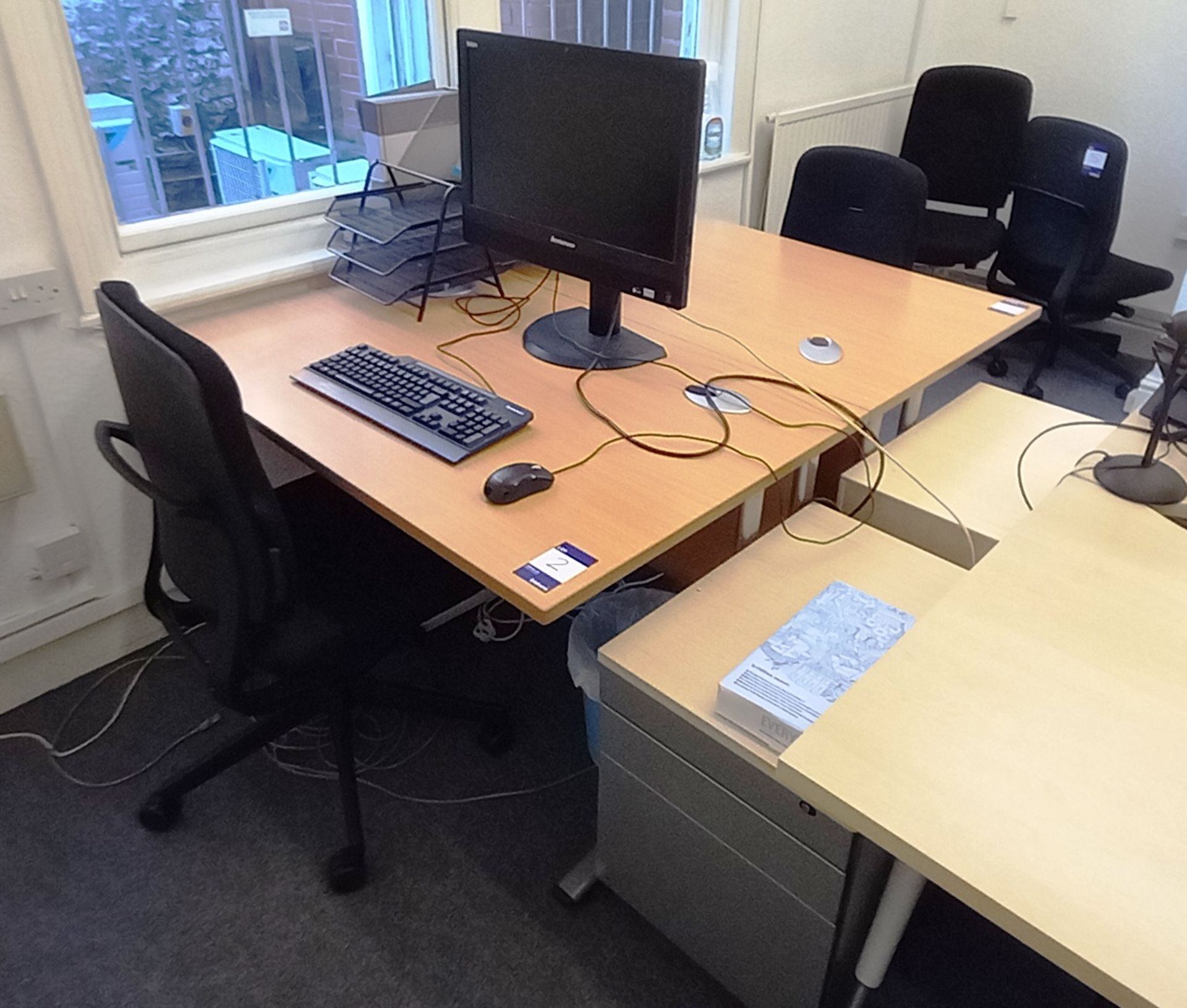 2x Cantilever desks (1200x800), 2x pedestals, 2x office chairs and an adjustable Lenovo monitor