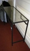 Metal framed, glass topped console table