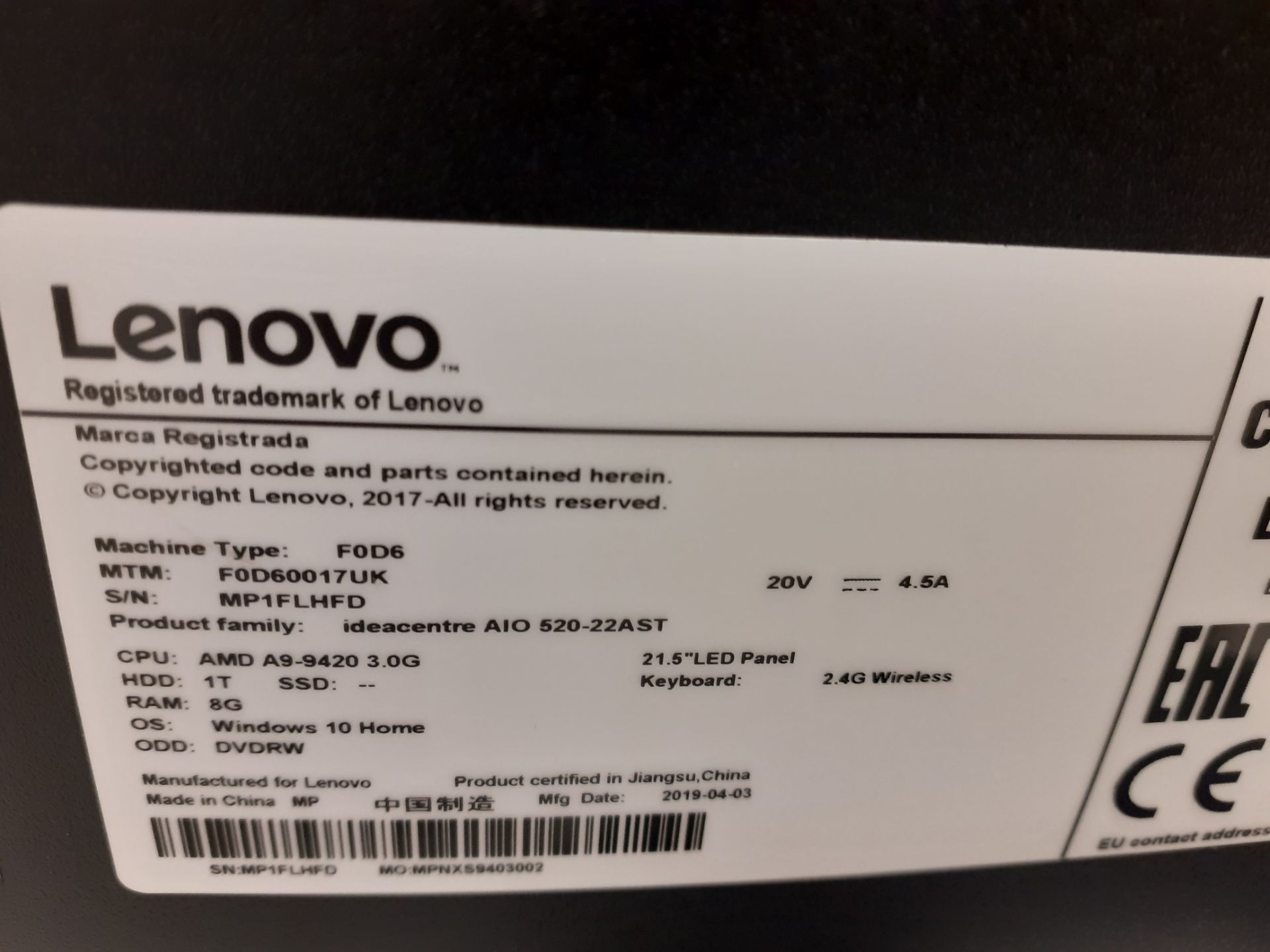 Lenovo Idea Centre FOD6 21.5in 1TB HDD 8GB RAM all-in-one computer, serial number MP1FLKFD (04/ - Image 2 of 2