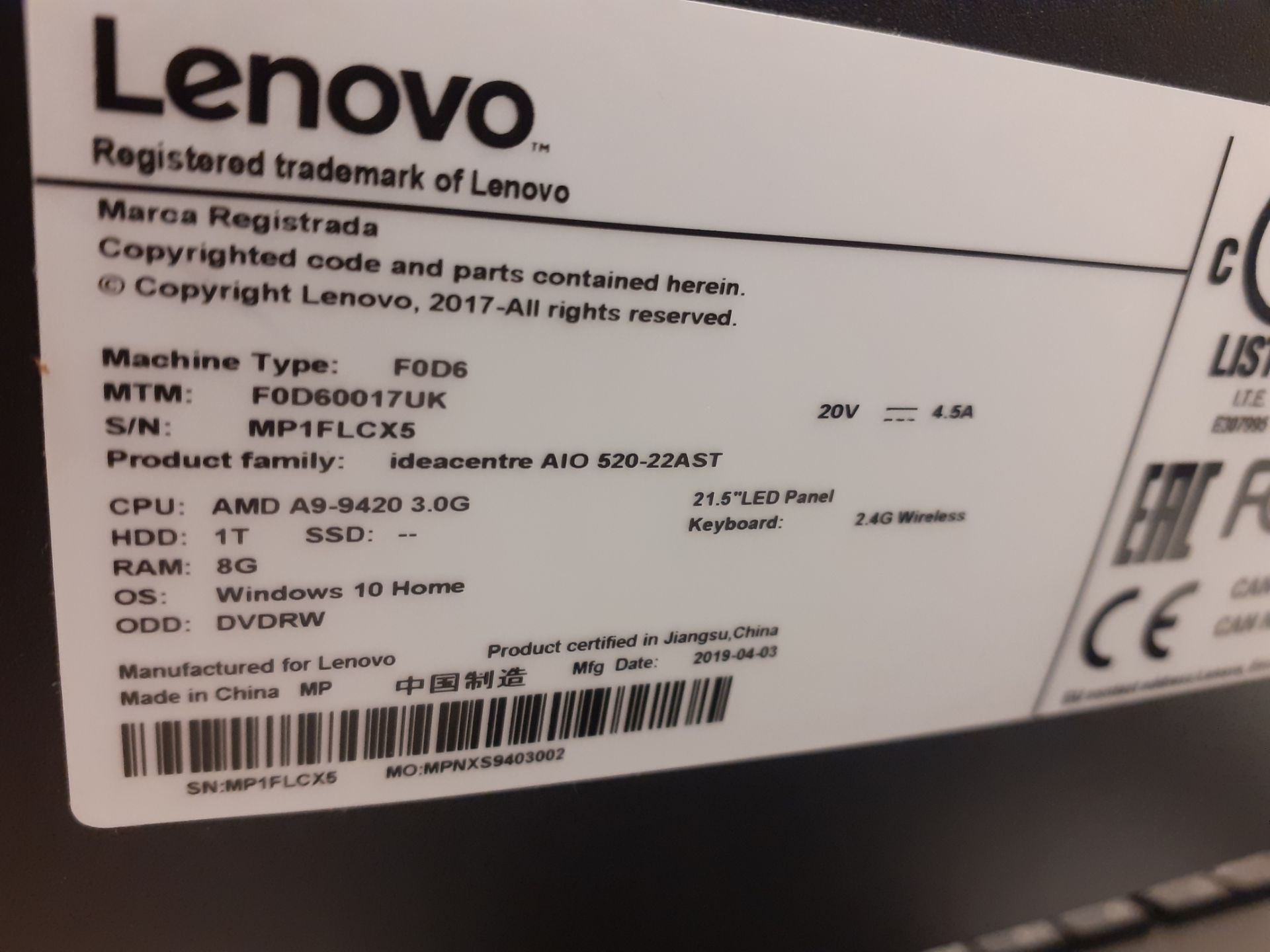 Lenovo Idea Centre FOD6 21.5in 1TB HDD 8GB RAM all-in-one computer, serial number MP1FLCX5 (04/ - Image 2 of 2