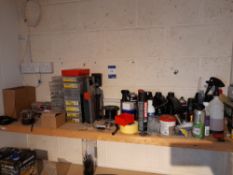 Assortment of motorbike sundries, and assortment of fixings to shelf