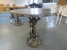Industrial steel topped bar table on adjustable height 'Wallace' cast iron base (800mm diameter)