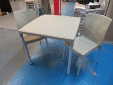 2x 3 piece sets (table plus 2 chairs) 800 x 800mm out door plastic furniture (chairs are used), colo