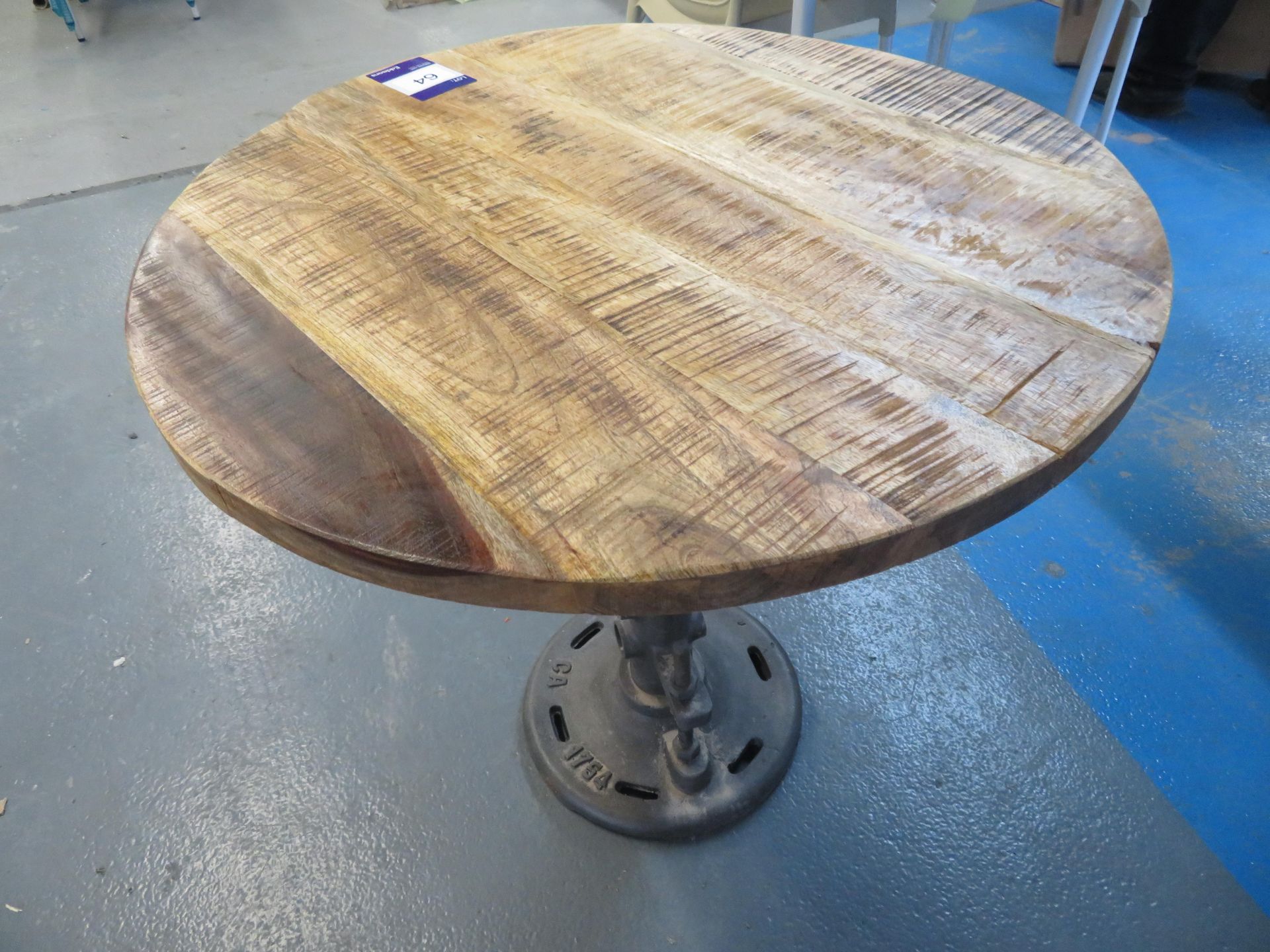 Industrial circular wooden topped bar table on adjustable height 'Wallace' cast iron table base (760 - Image 2 of 2