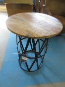 Industrial style side table with woven steel base and reclaimed top