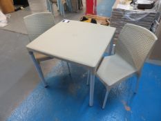 4x 3 piece sets (table plus 2 chairs) 800 x 800mm out door plastic furniture (chairs are used), colo