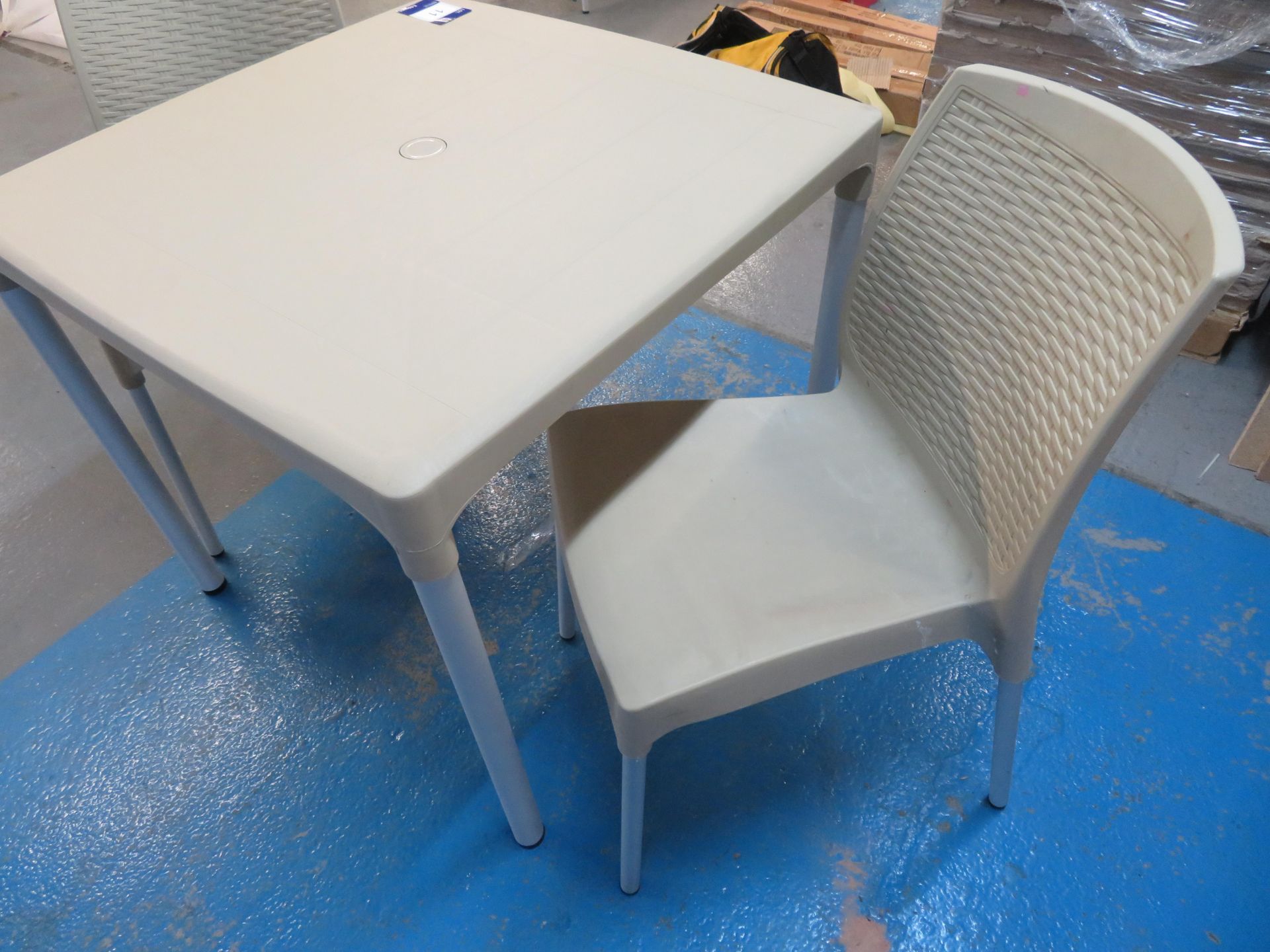 4x 3 piece sets (table plus 2 chairs) 800 x 800mm out door plastic furniture (chairs are used), colo - Image 2 of 3