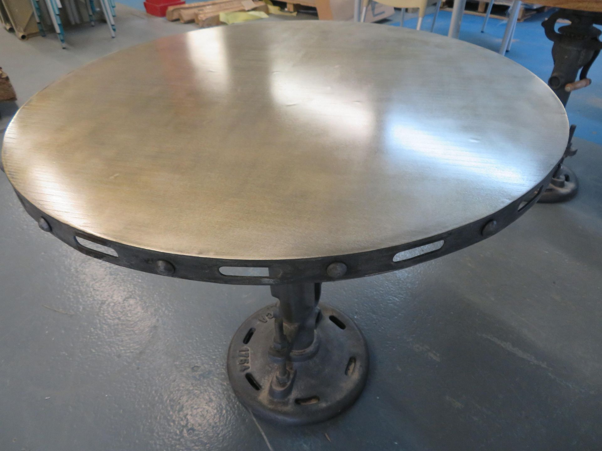 Industrial steel topped bar table on adjustable height 'Wallace' cast iron base (800mm diameter) - Image 2 of 2