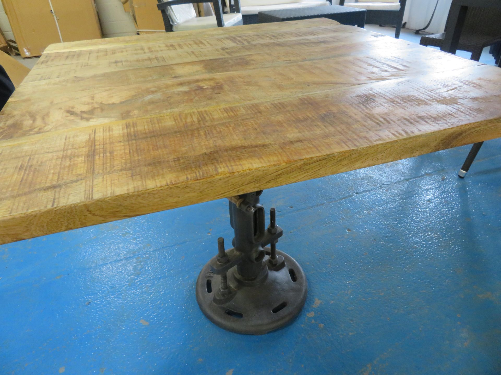 Industrial square wooden topped dining table on adjustable height 'Wallace' cast iron table base (90 - Image 2 of 2