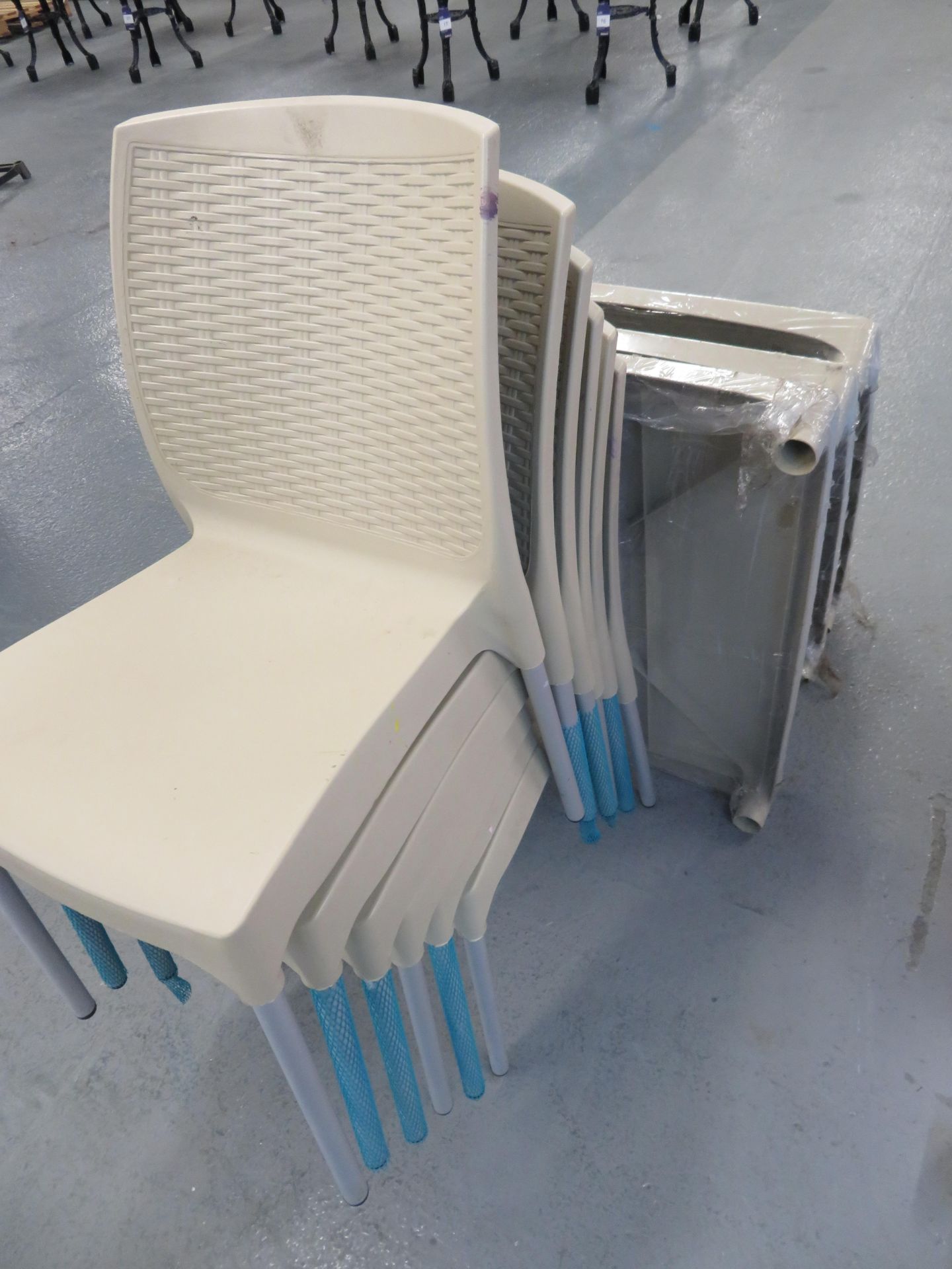 4x 3 piece sets (table plus 2 chairs) 800 x 800mm out door plastic furniture (chairs are used), colo - Image 3 of 3