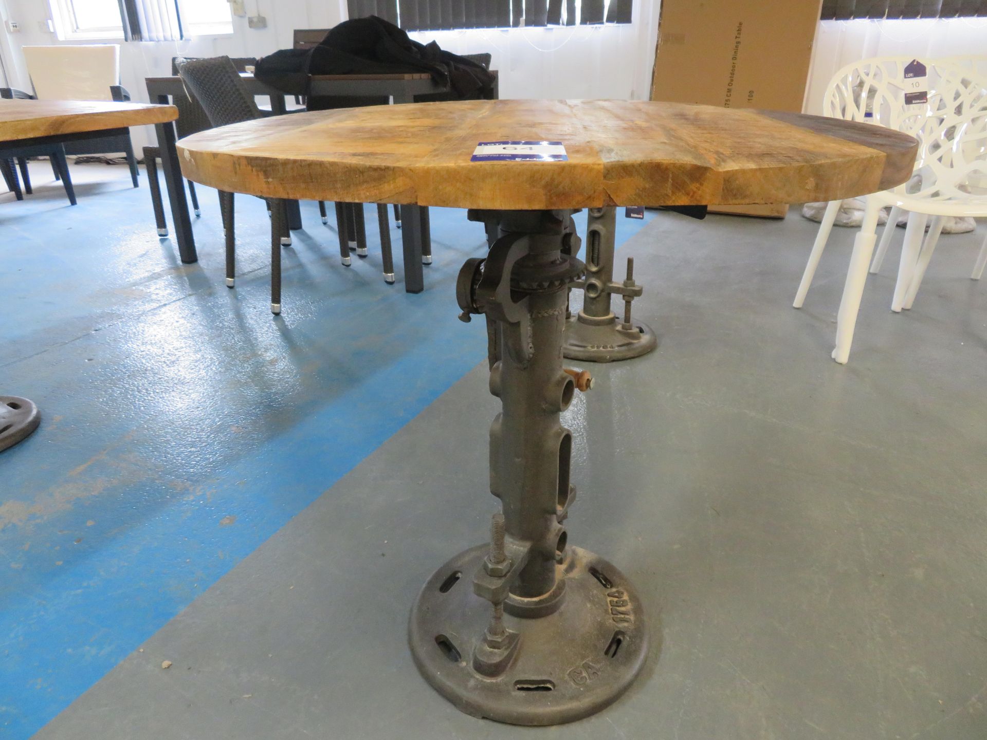 Industrial circular wooden topped bar table on adjustable height 'Wallace' cast iron table base (760