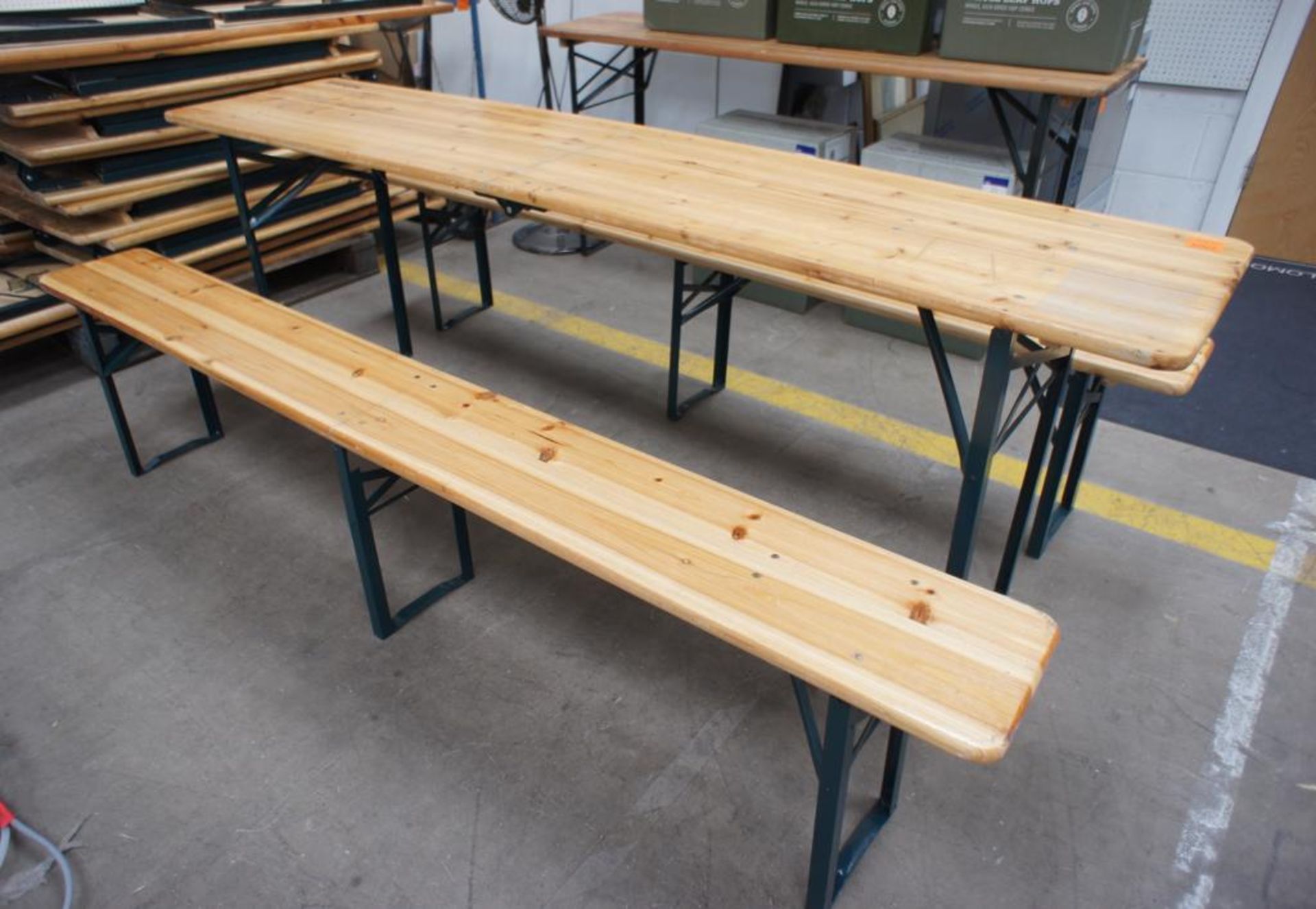 Pine Effect Folding Foldaway Table 2150 x 480 with 2 x Folding Foldaway Benches 2160 x 650mm