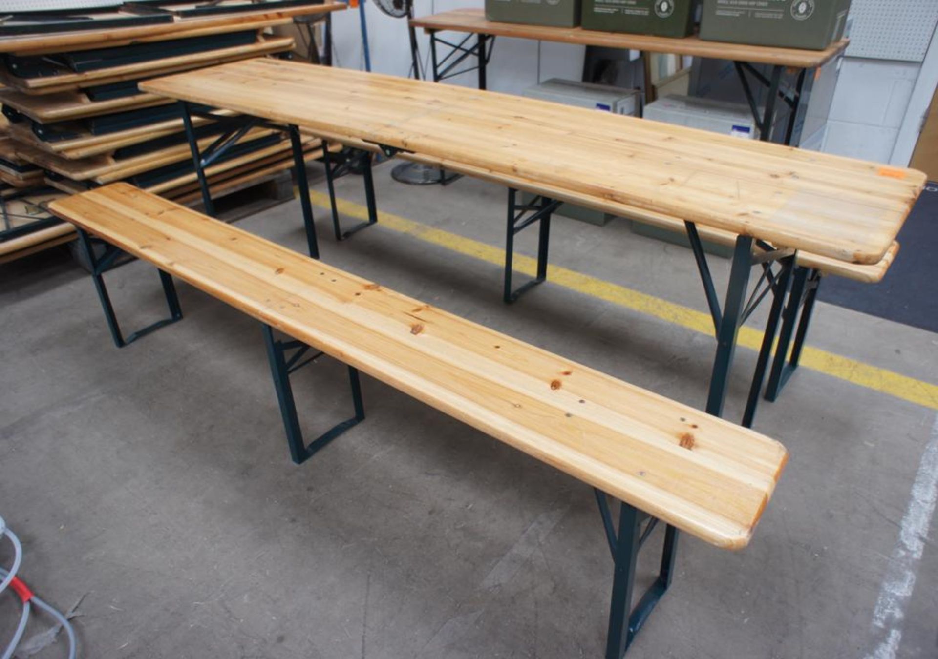 Pine Effect Folding Foldaway Table 2150 x 480 with 2 x Folding Foldaway Benches 2160 x 650mm
