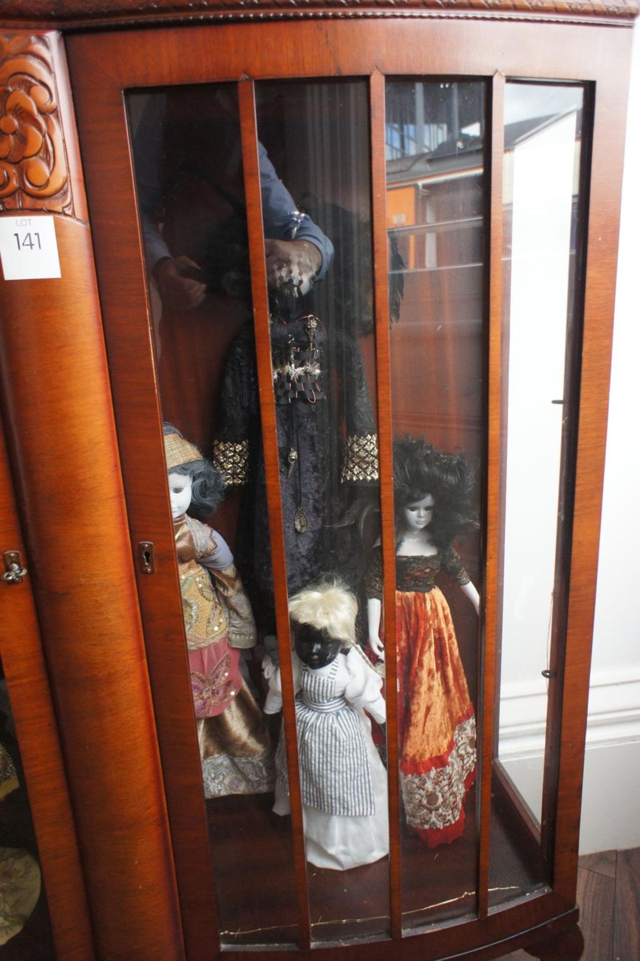 Oak Effect Glazed Display Case with Collection of Dolls & Pram - Image 3 of 5