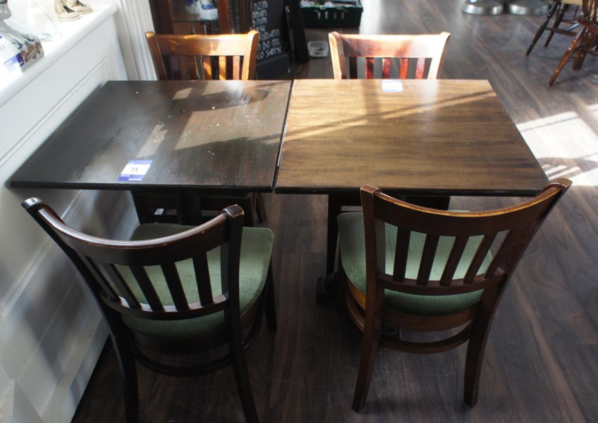 2 x Oak Effect Square Tables 680 x 680mm with 4 x Oak Effect Part Upholstered Chairs - Image 2 of 4