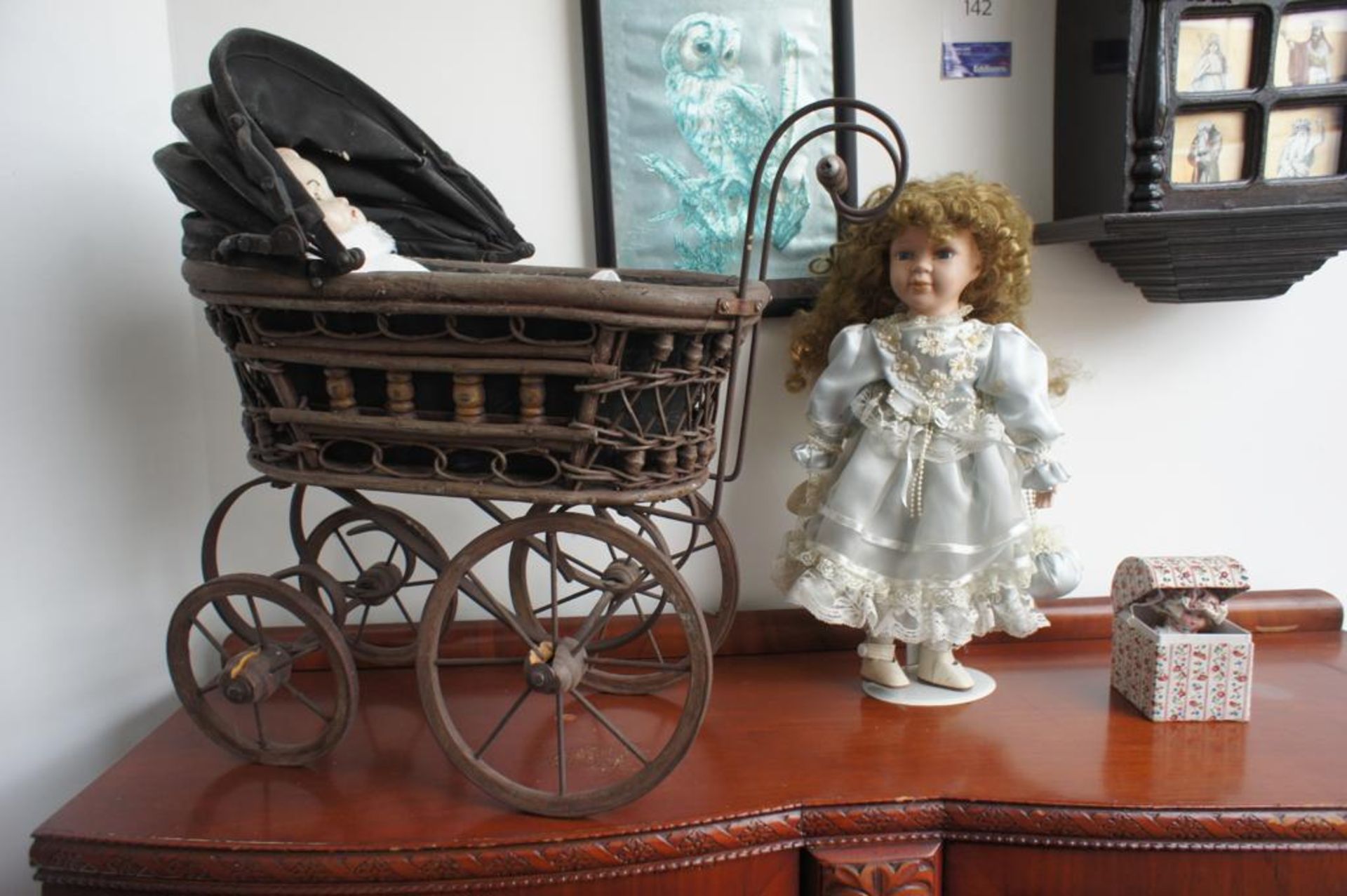 Oak Effect Glazed Display Case with Collection of Dolls & Pram - Image 4 of 5