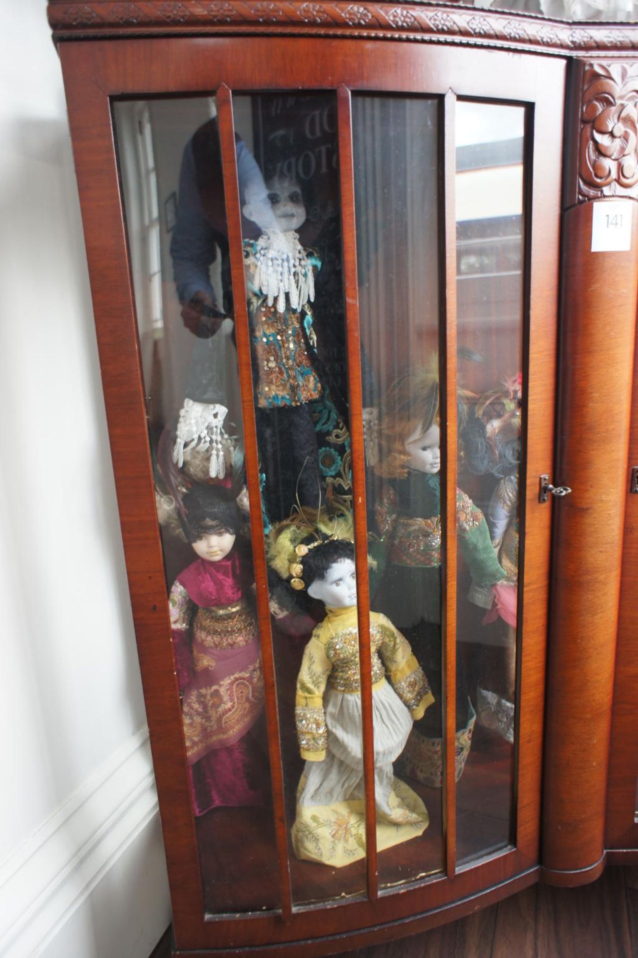 Oak Effect Glazed Display Case with Collection of Dolls & Pram - Image 2 of 5