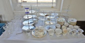 Contents to Table including Various Glassware, Crockery, Cake Stands etc.