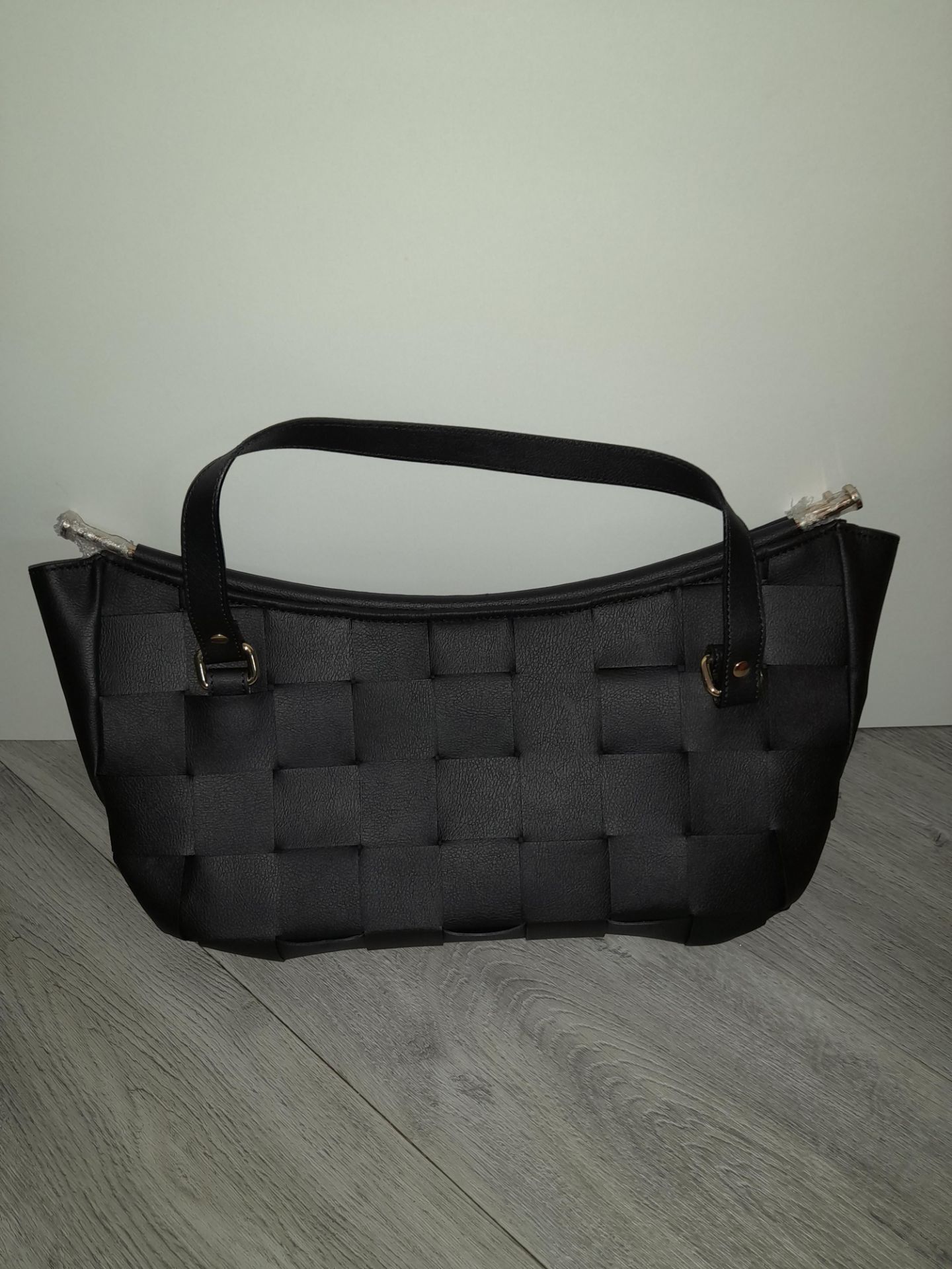 Maviya “The Boat Bag” Vegan Italian Leather Classic Black Bag with Lattice Effect and Gold Rod - Image 2 of 3