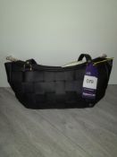 Maviya “The Boat Bag” Vegan Italian Leather Classic Black Bag with Lattice Effect and Gold Rod