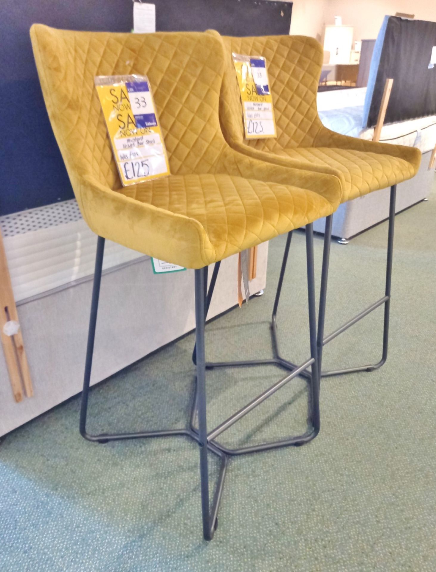 2 x Mustard Velvet Bar Stools Rrp. £125