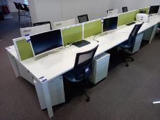 6 Person Desk Cluster comprising of 6 x Desk Spaces 1400 x 700mm, 3 x Desk Mounted Partitions, 6 x