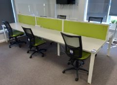 6 Person Desk Cluster comprising of 6 x Desk Spaces 1200 x 700mm, 3 x Desk Mounted Partitions & 6