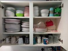 Contents to Kitchen Cabinet including Cups, Saucers, Bowls etc.