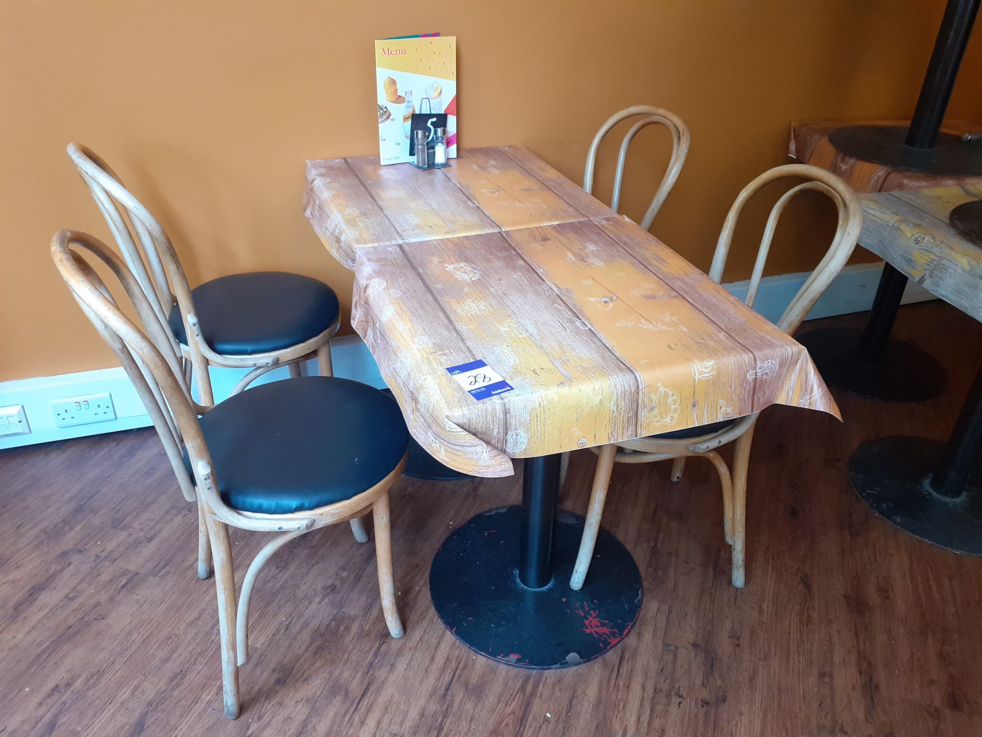 2 Pedestal Restaurant Tables & 4 Bentwood Chairs