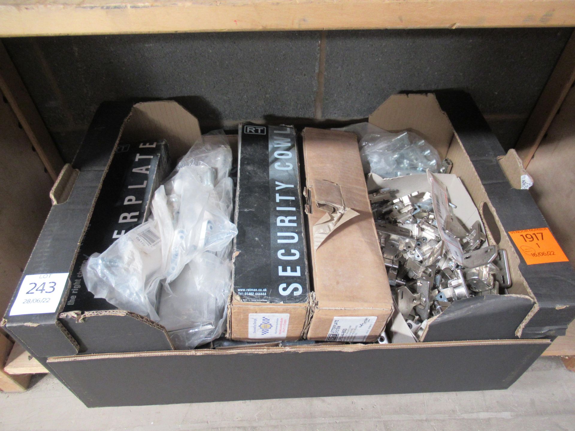 Box of ironmongery including hinges letterboxes etc