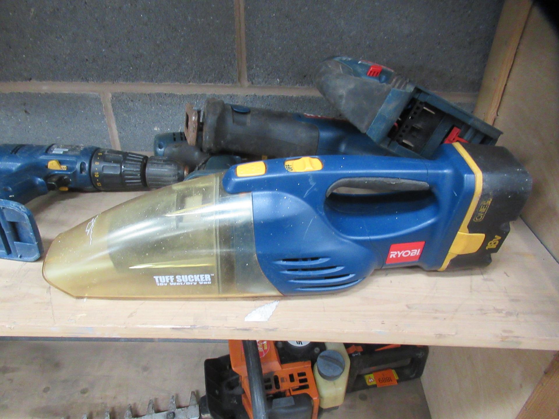 Shelf of Cordless Handtools Including Bosch and Ryob Drills, Vacuum etc - Image 5 of 7