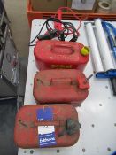 3 various retro petrol cans along with set of battery jump leads