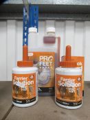 2x 500ml NAF Farrier solution by ProFeet, 1x 250ml NAF ProFeet rock hard, 2x 1 litre NAF ProFeet hoo