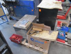 Pallet including wooden chest, Bisley cabinet and contents, tap & dies etc