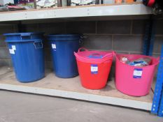 Contents of plastic tub to contain various equestrian accessories along 4 plastic tubs and 4 bins