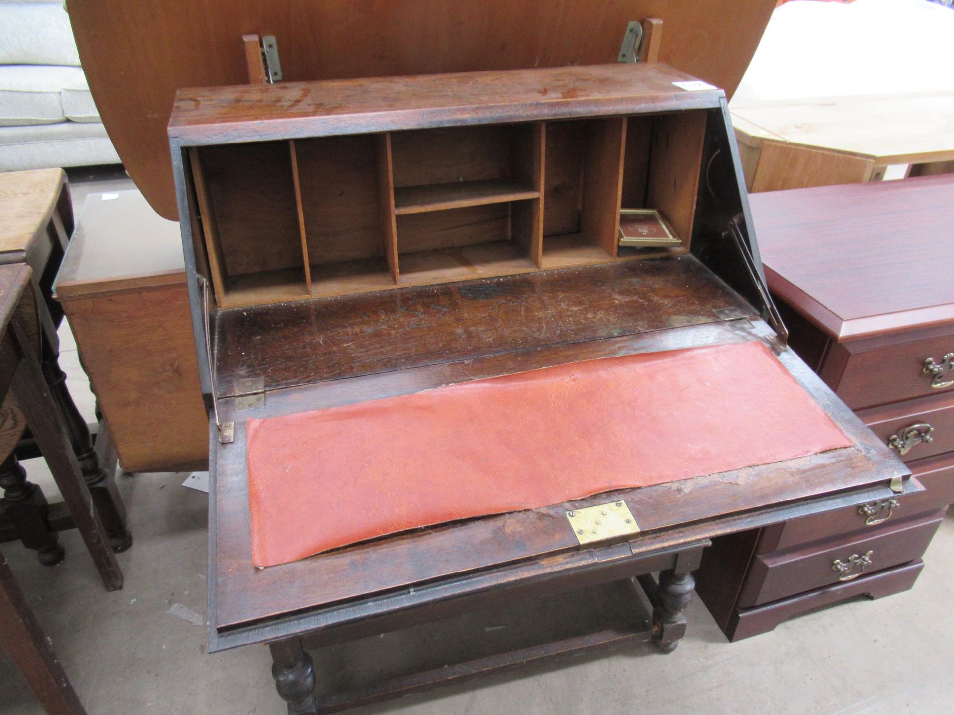 Dark oak bureau and dressing table with swivel mirror - Image 4 of 5