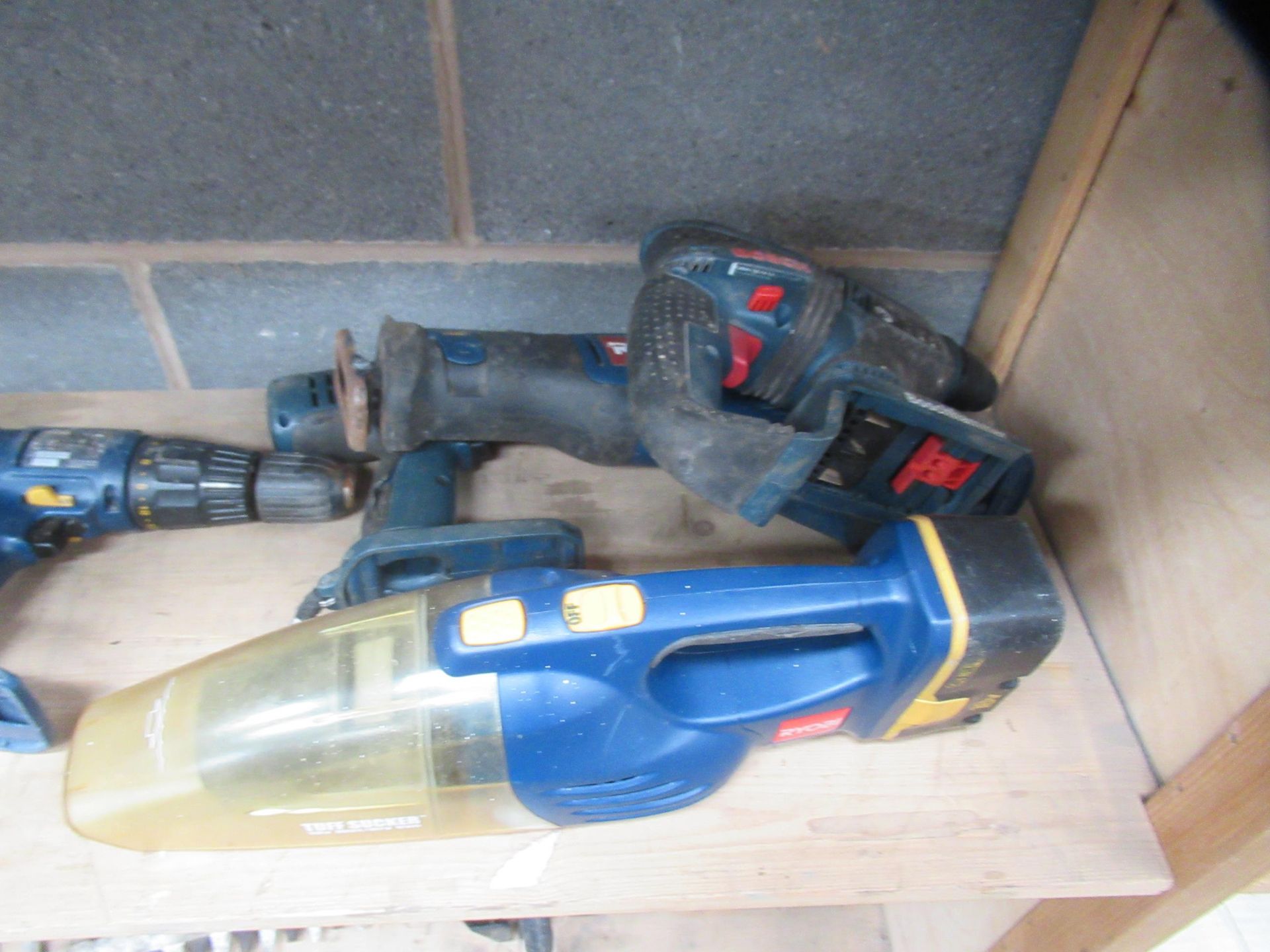 Shelf of Cordless Handtools Including Bosch and Ryob Drills, Vacuum etc - Image 3 of 7