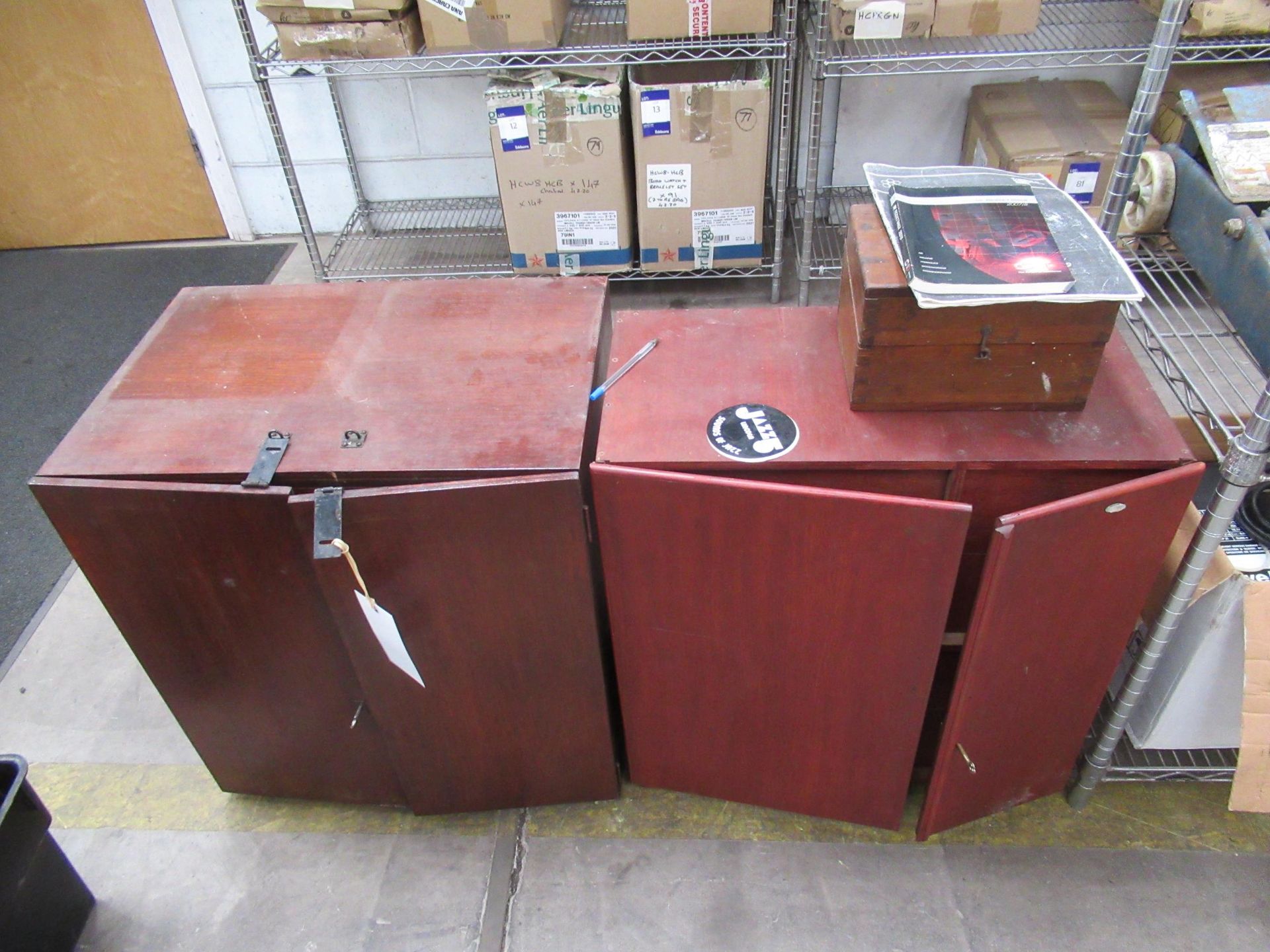 2x wooden storage cabinets and contents of drawers