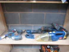 Shelf of Cordless Handtools Including Bosch and Ryob Drills, Vacuum etc