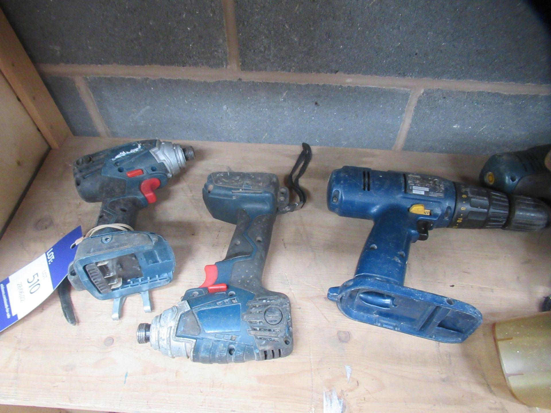 Shelf of Cordless Handtools Including Bosch and Ryob Drills, Vacuum etc - Image 2 of 7