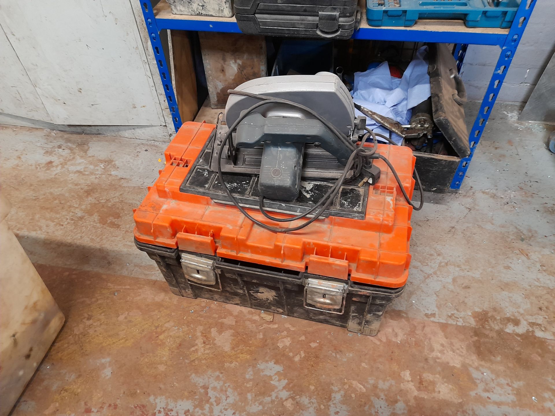 Boltless two-tier shelving and contents to include various hand tools, circular saw, and toolbox - Image 3 of 4