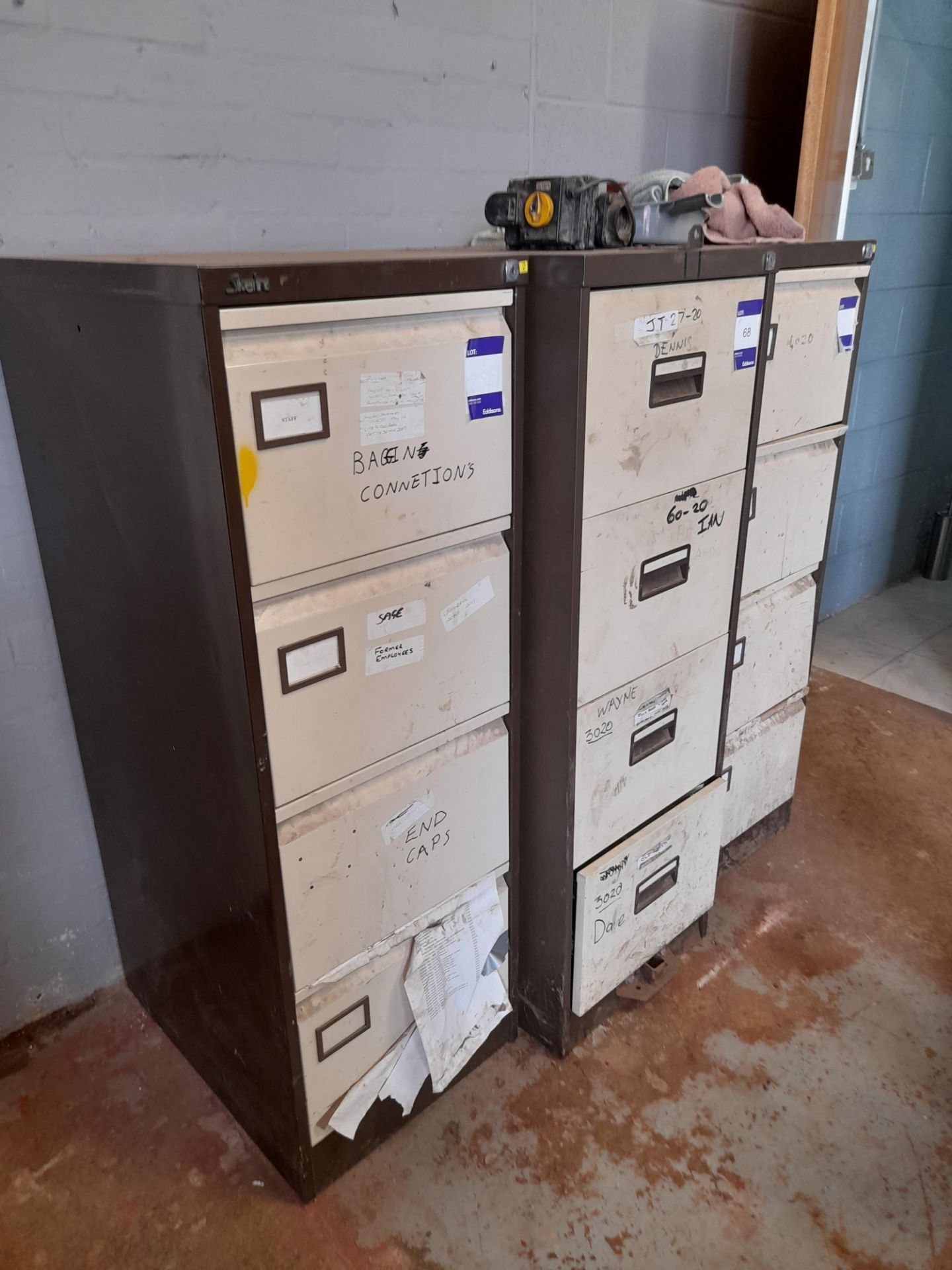 3 x Metal 4-drawer filing cabinets and contents to include pipe bungs, pipe components, etc.